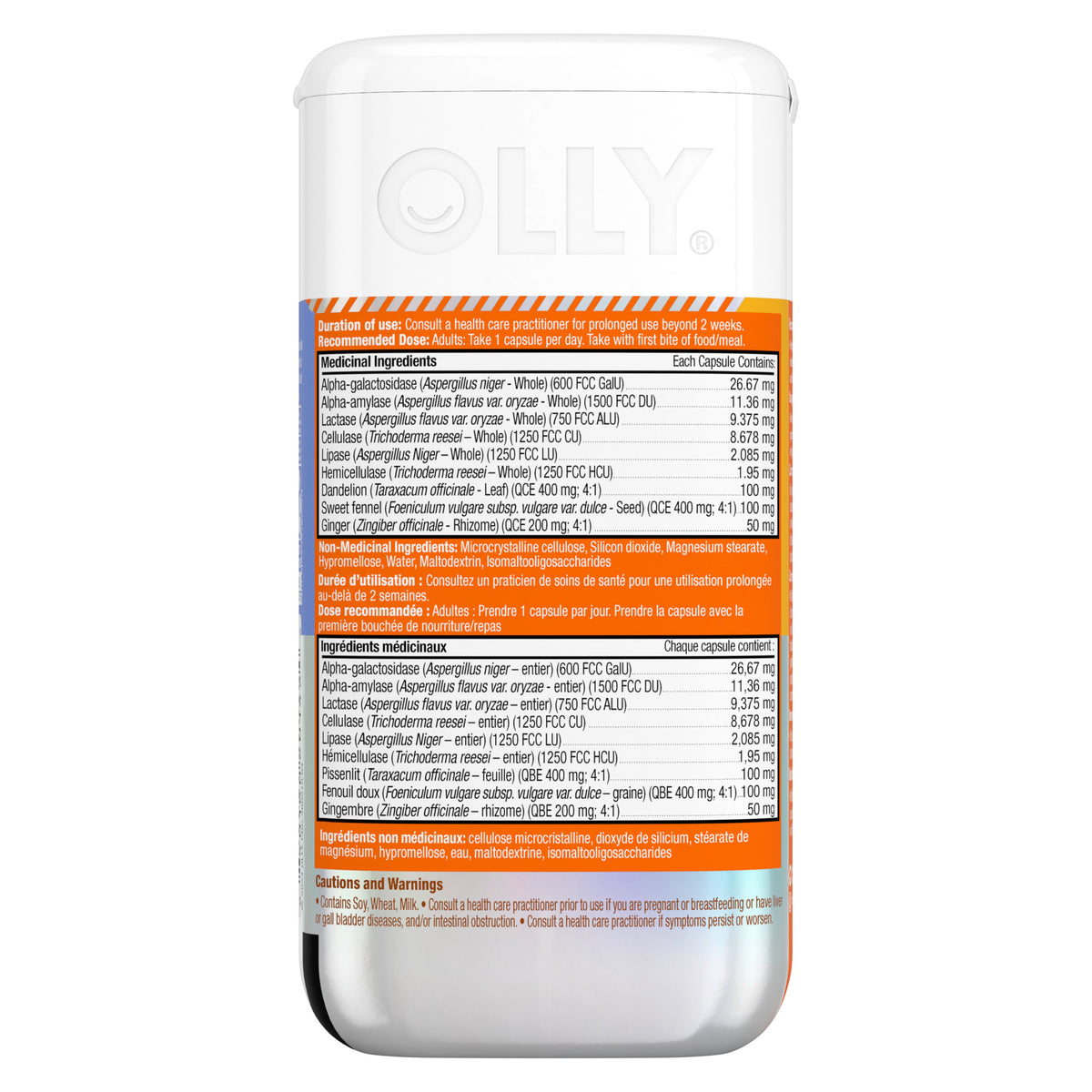 Backside view of the OLLY Beat The Bloat 25 Capsules packaging.