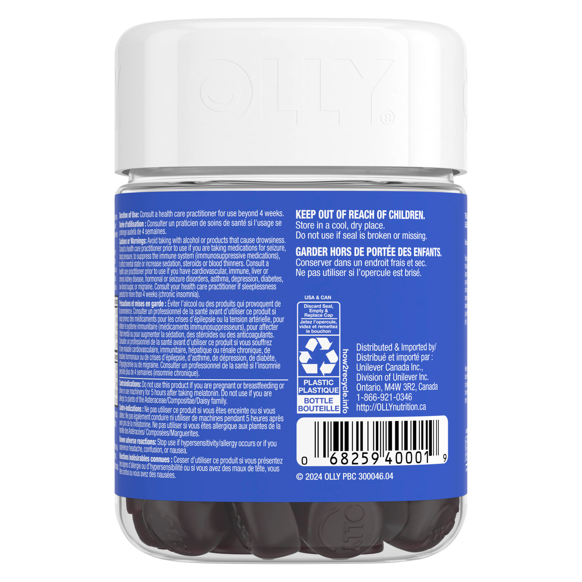 An image showing the backside view of the OLLY® Extra Strength Sleep Gummy product packaging.