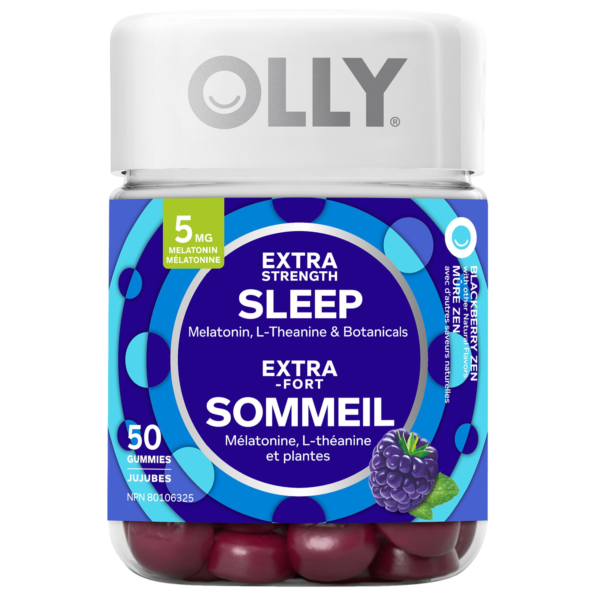 An image showing the frontside view of the OLLY® Extra Strength Sleep Gummy product packaging.