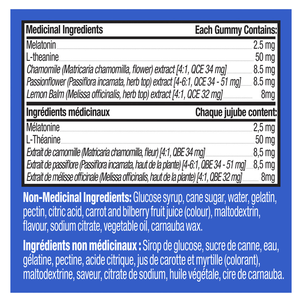 An image showing the ingredient label as it appears on the OLLY® Extra Strength Sleep Gummy product packaging.