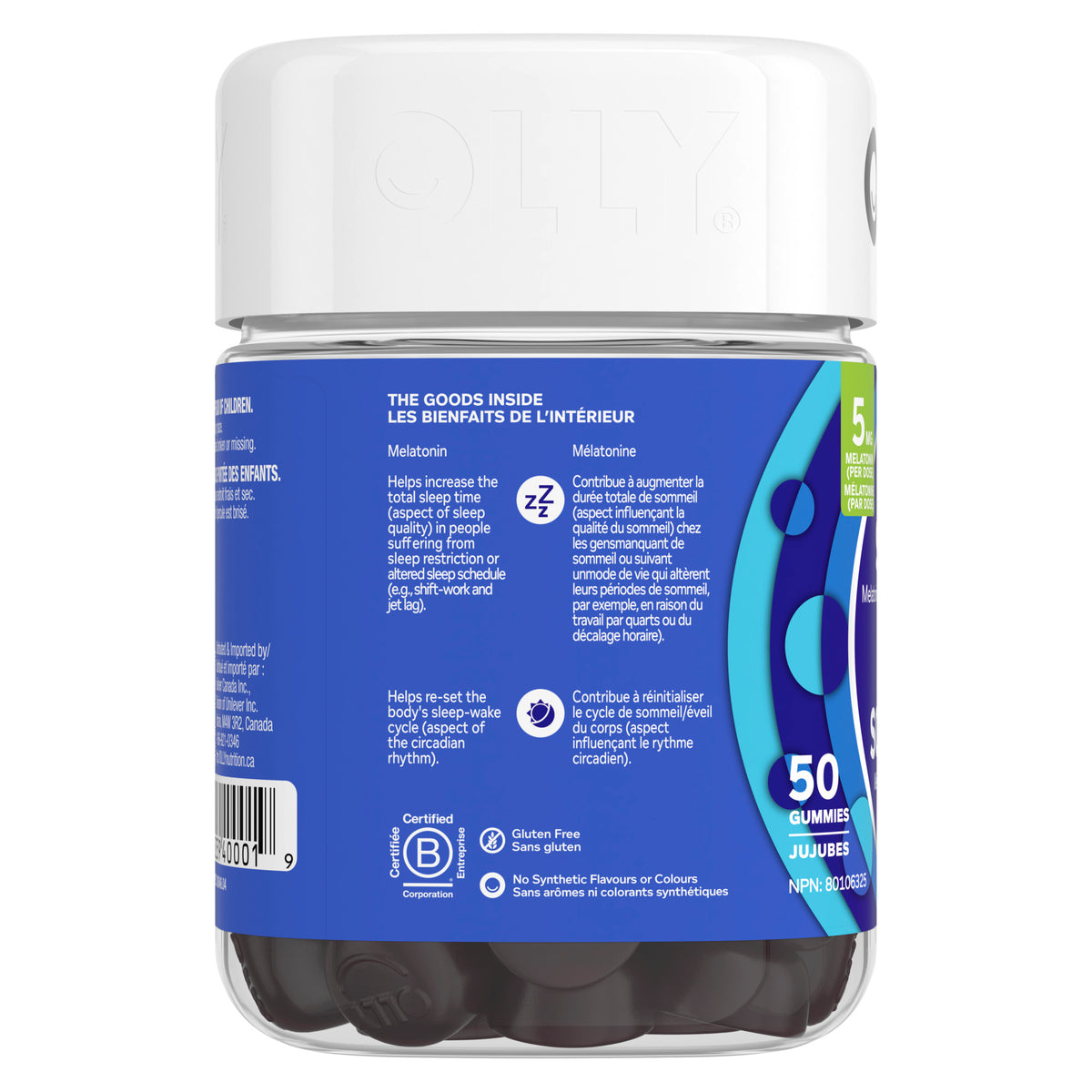 An image showing the leftside view of the OLLY® Extra Strength Sleep Gummy product packaging.
