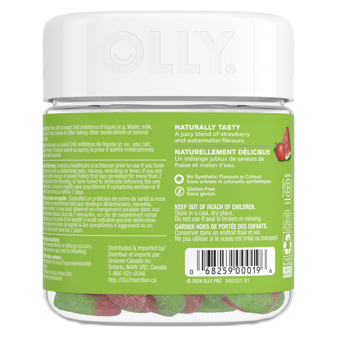 An image of the backside view of the OLLY® Fiber Gummy Rings product packaging.