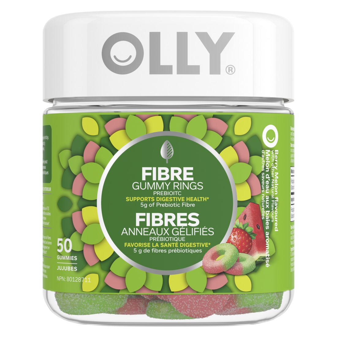 An image of the frontside view of the OLLY® Fiber Gummy Rings product packaging.