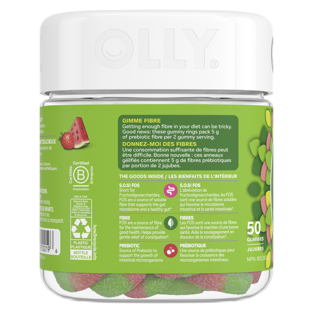 An image of the leftside view of the OLLY® Fiber Gummy Rings product packaging.