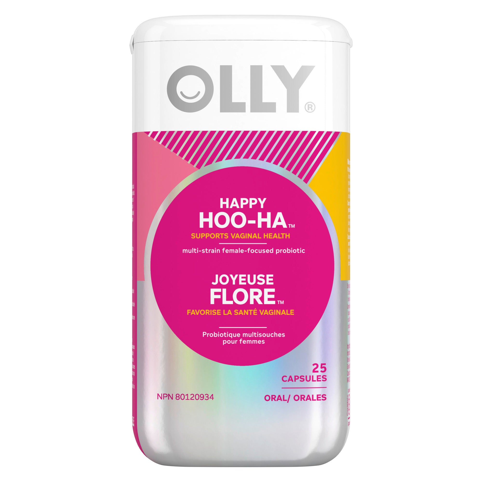 Front view of the OLLY® Happy HOO-HA Supplement Capsules, 25 count packaging.