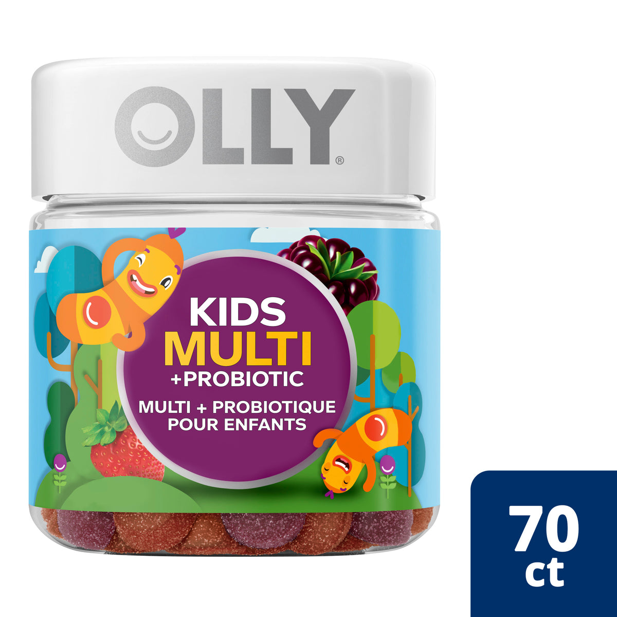 Mobile-friendly hero image of the OLLY Kids Multi + Probiotic Gummy container, highlighting the 70 Gummy count.