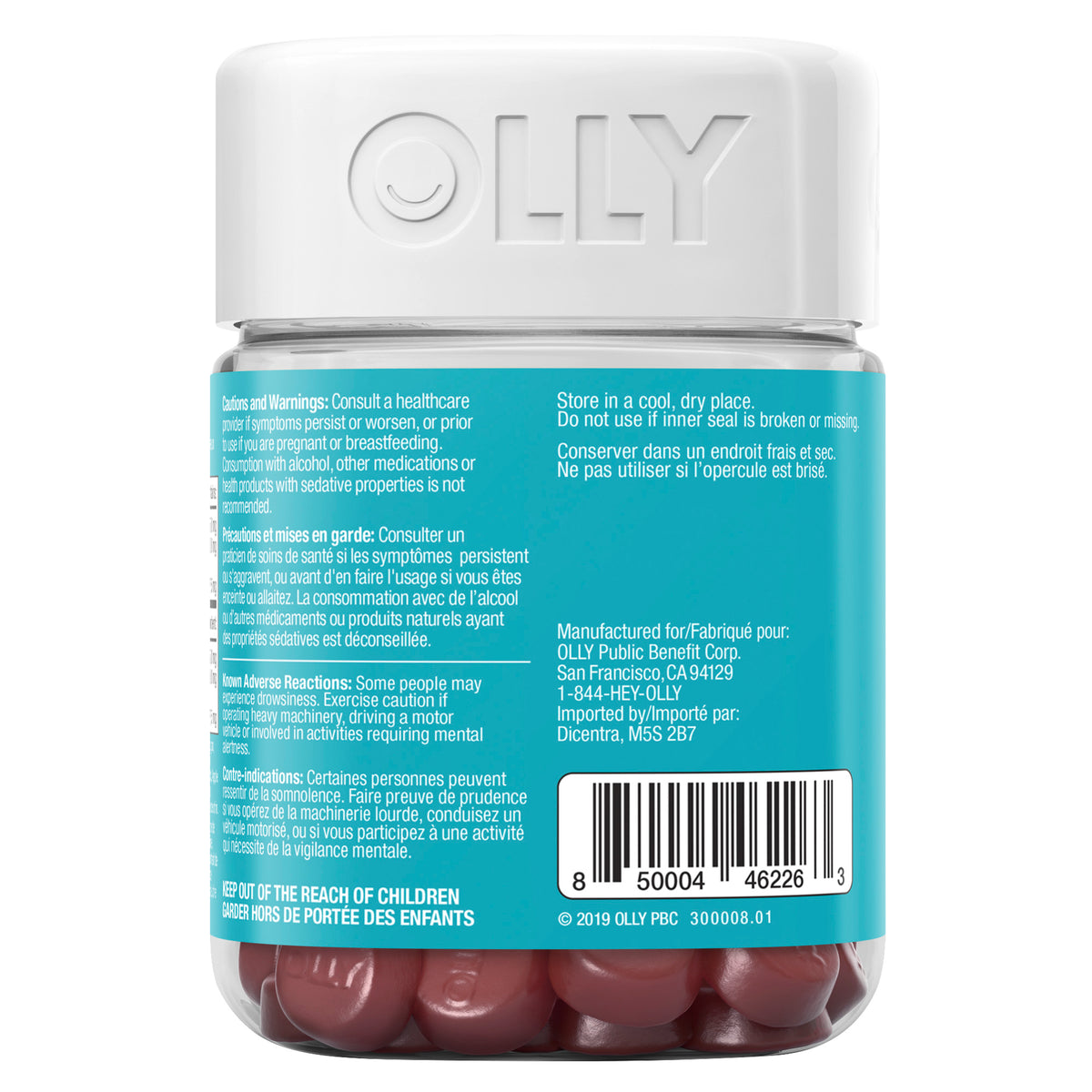 Showing the back side view of the light blue OLLY Less Stress Gummy 42 gummies product packaging.