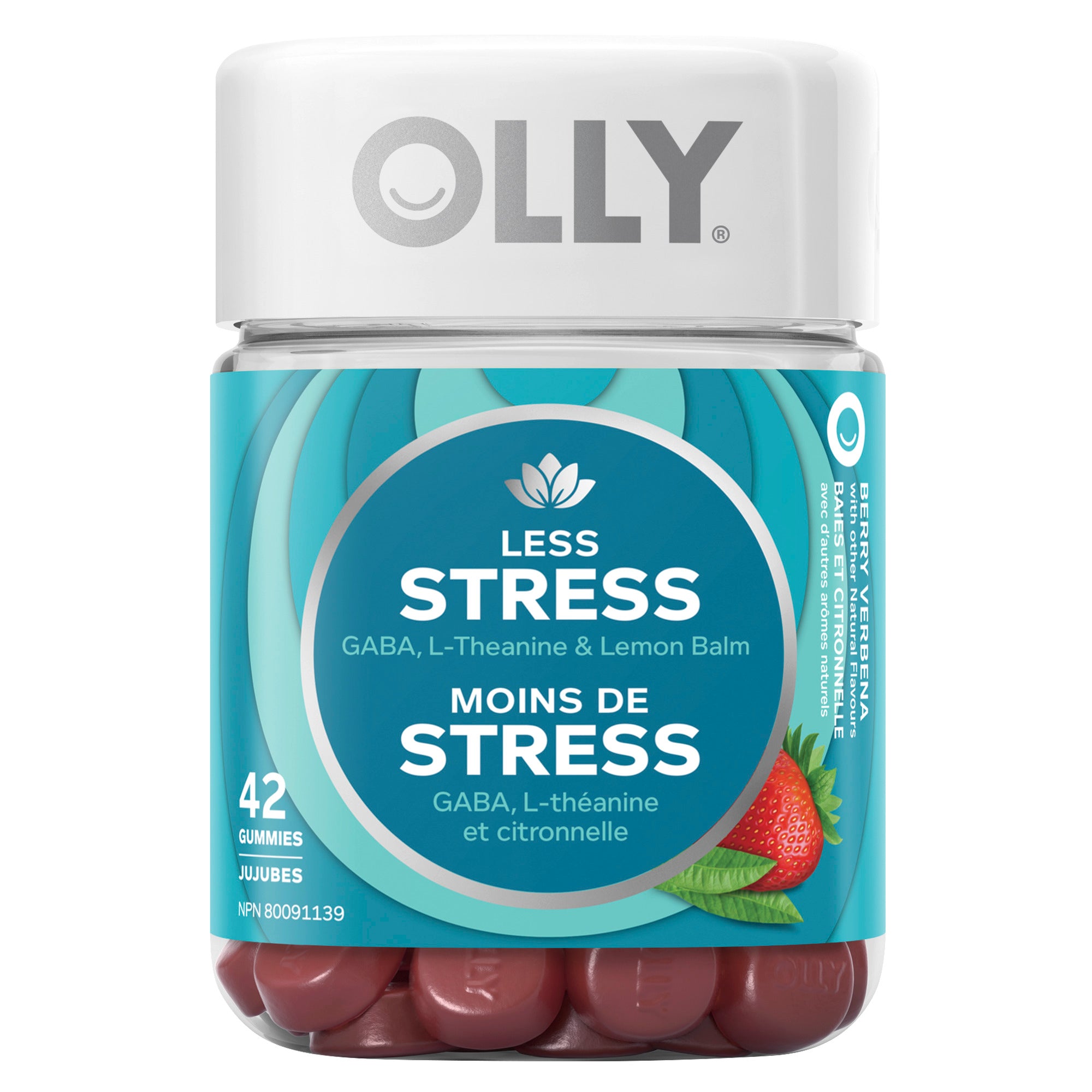 Showing the front side view of the light blue OLLY Less Stress Gummy 42 gummies product packaging.