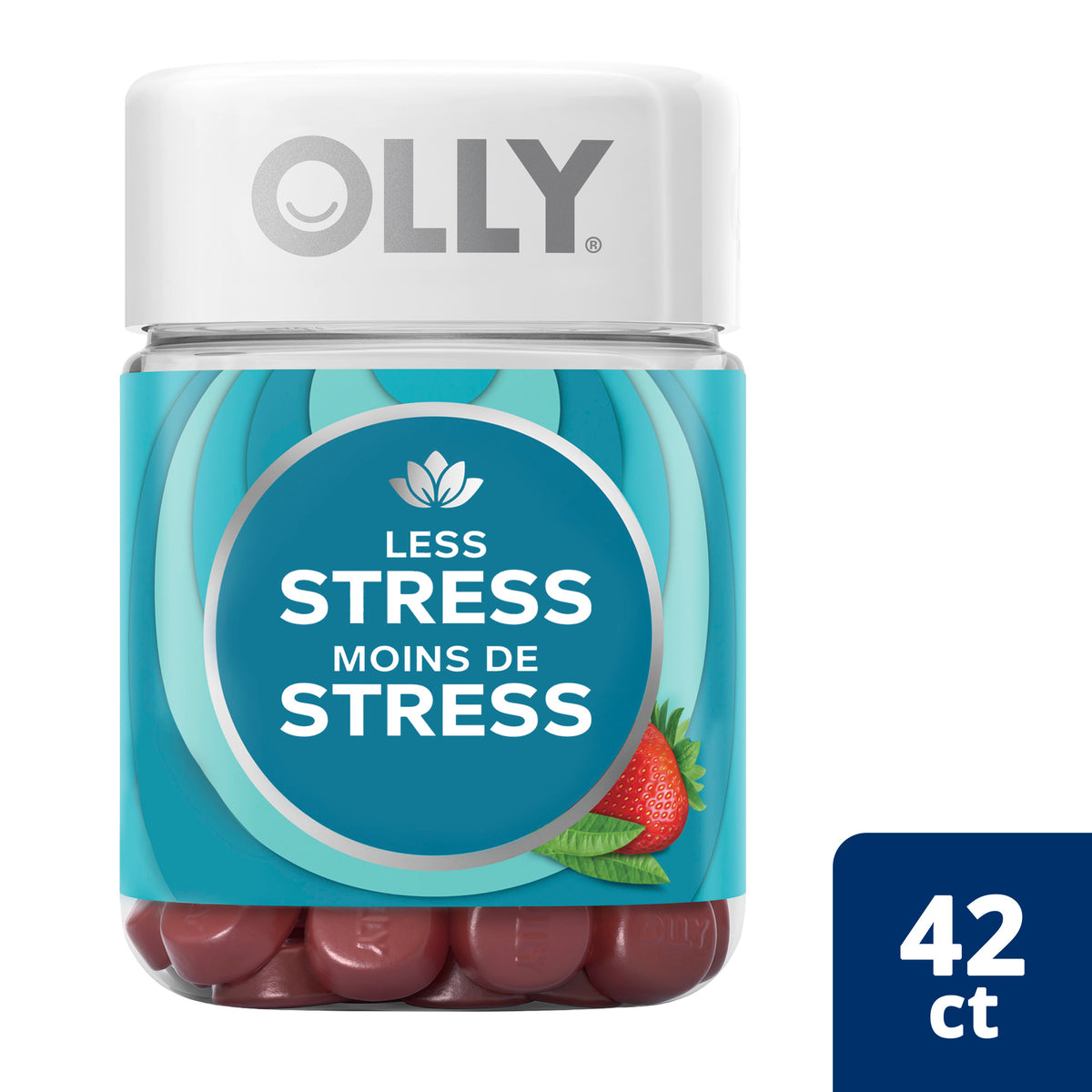 Showing the mobile ready front side view of the light blue OLLY Less Stress Gummy 42 gummies product packaging.