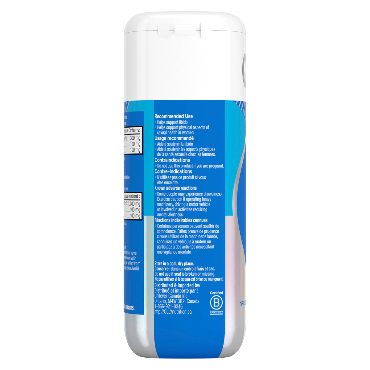 An image showing the leftside view of the OLLY® Lovin’ Libido Supplement Capsules product packaging.