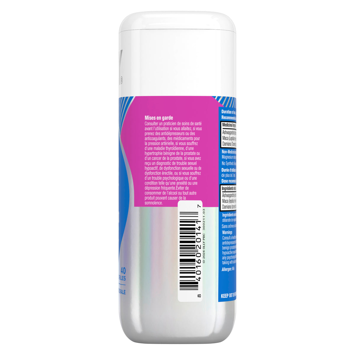 An image showing the rightside view of the OLLY® Lovin’ Libido Supplement Capsules product packaging.