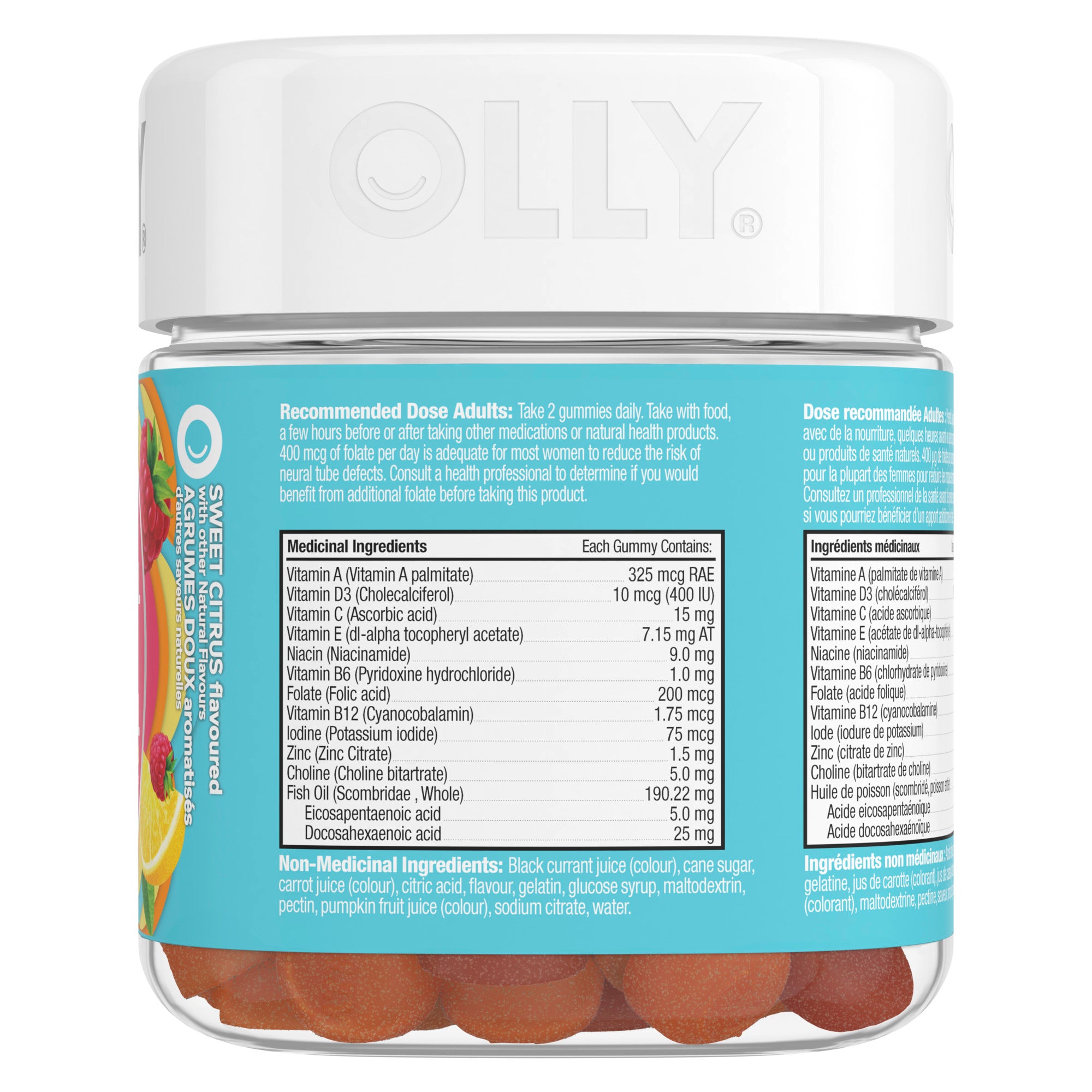 An image showing the frontside view of the OLLY® Prenatal Multi Gummies product packaging.