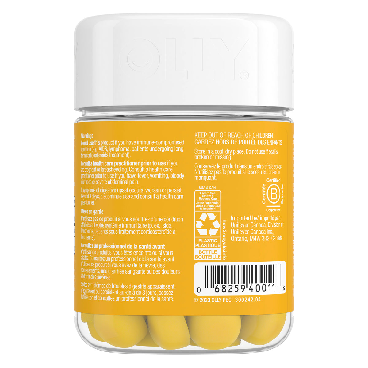 An image showing the backside view of the OLLY Probiotic Mango Gummy Supplements product packaging.