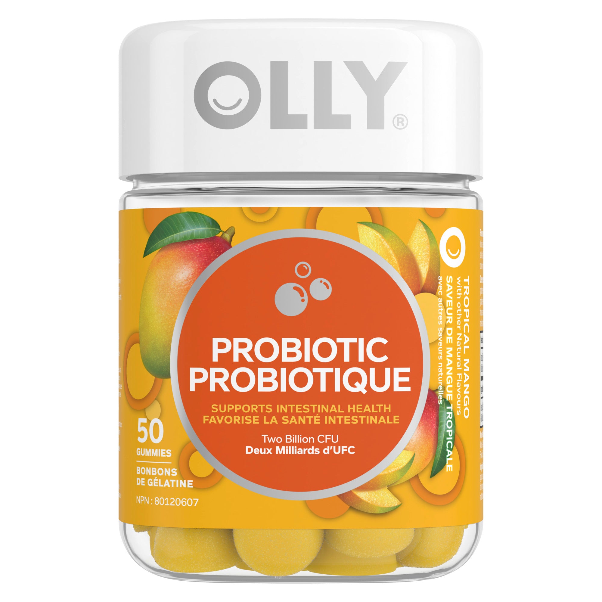 An image showing the frontside view of the OLLY Probiotic Mango Gummy Supplements product packaging.