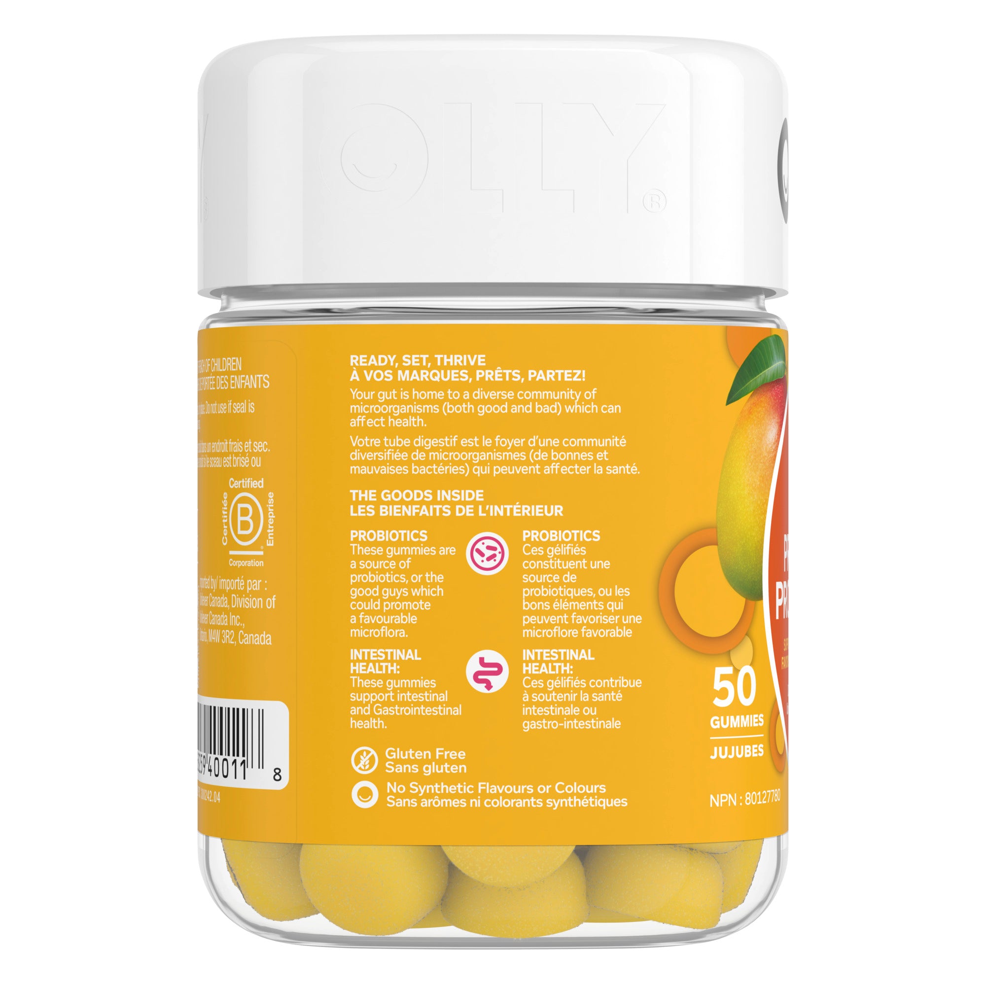 An image showing the frontside view of the OLLY Probiotic Mango Gummy Supplements product packaging.