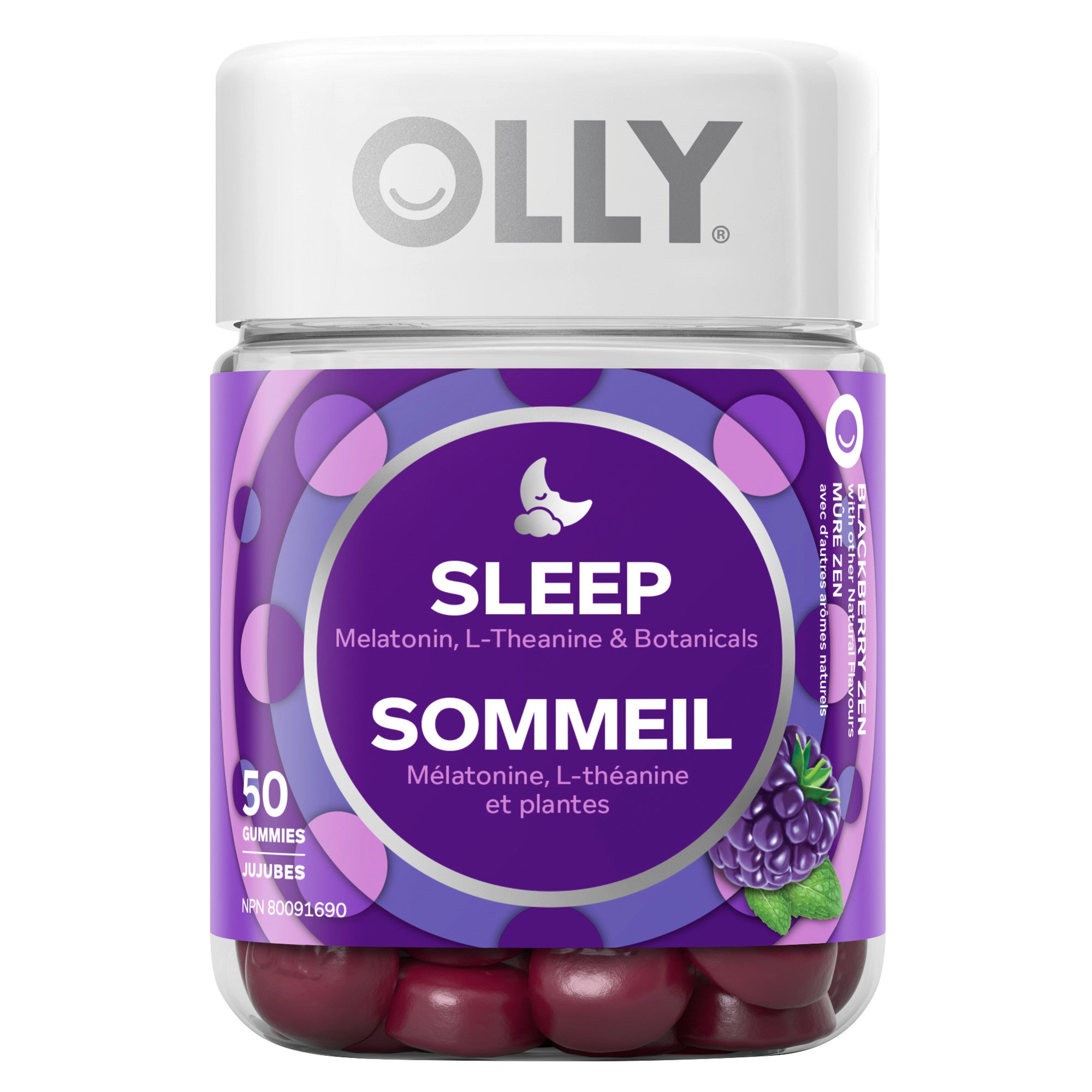 The front of the purple OLLY Sleep 50 Gummies Container.