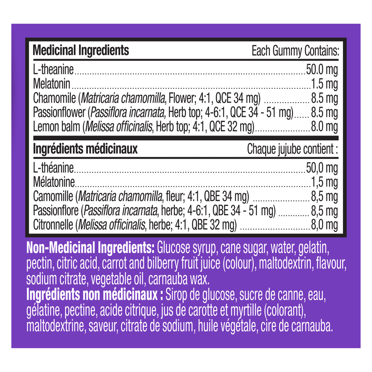 An image showing the ingredient label as it appears on the OLLY® Sleep product packaging.