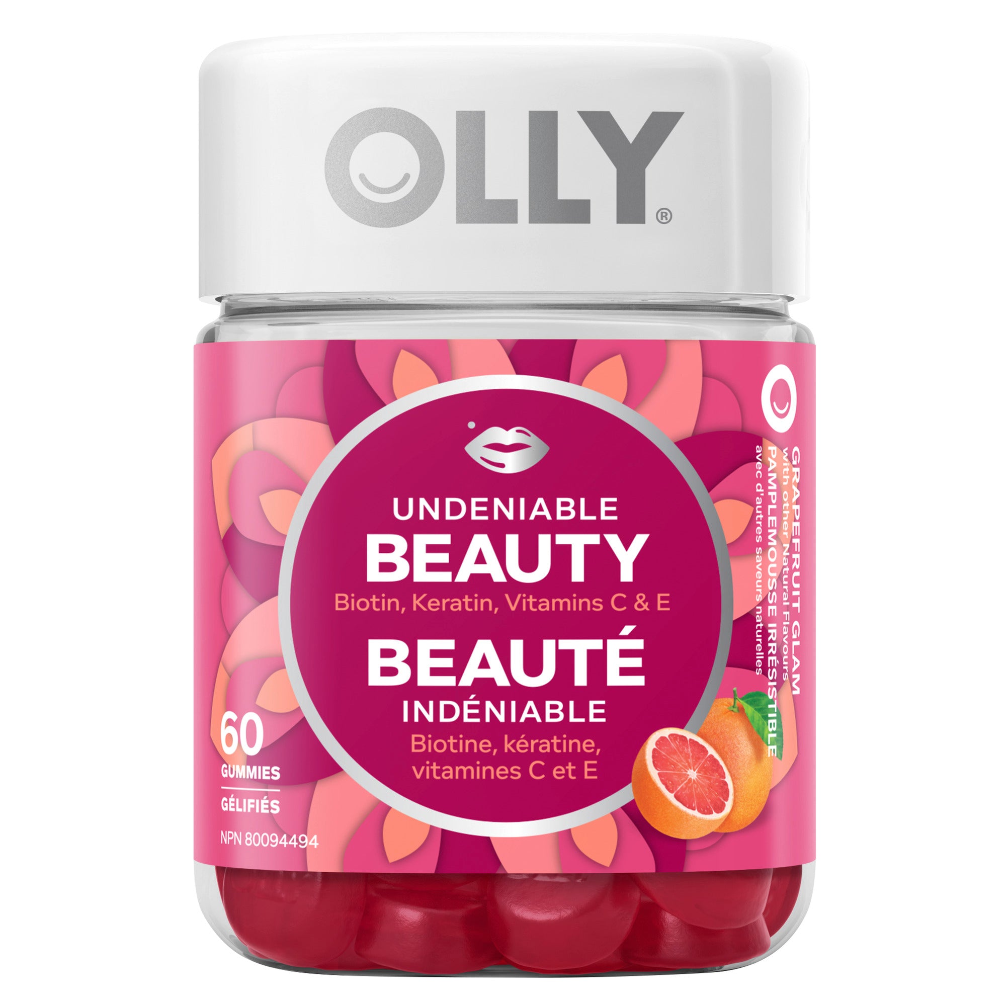 Showing the front side of the pink OLLY Undeniable Beauty 60 Gummies container. 