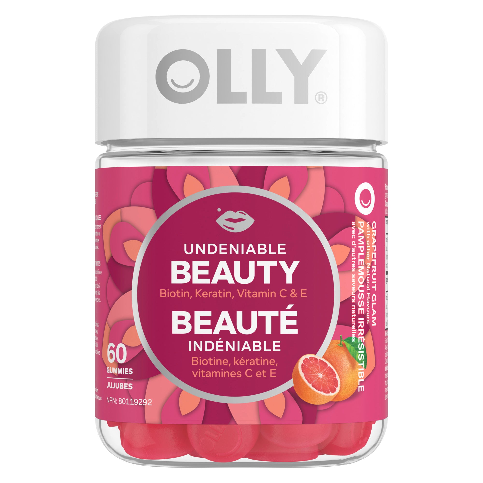 An image showing the front side of the pink OLLY Undeniable Beauty 60 Gummies container. 