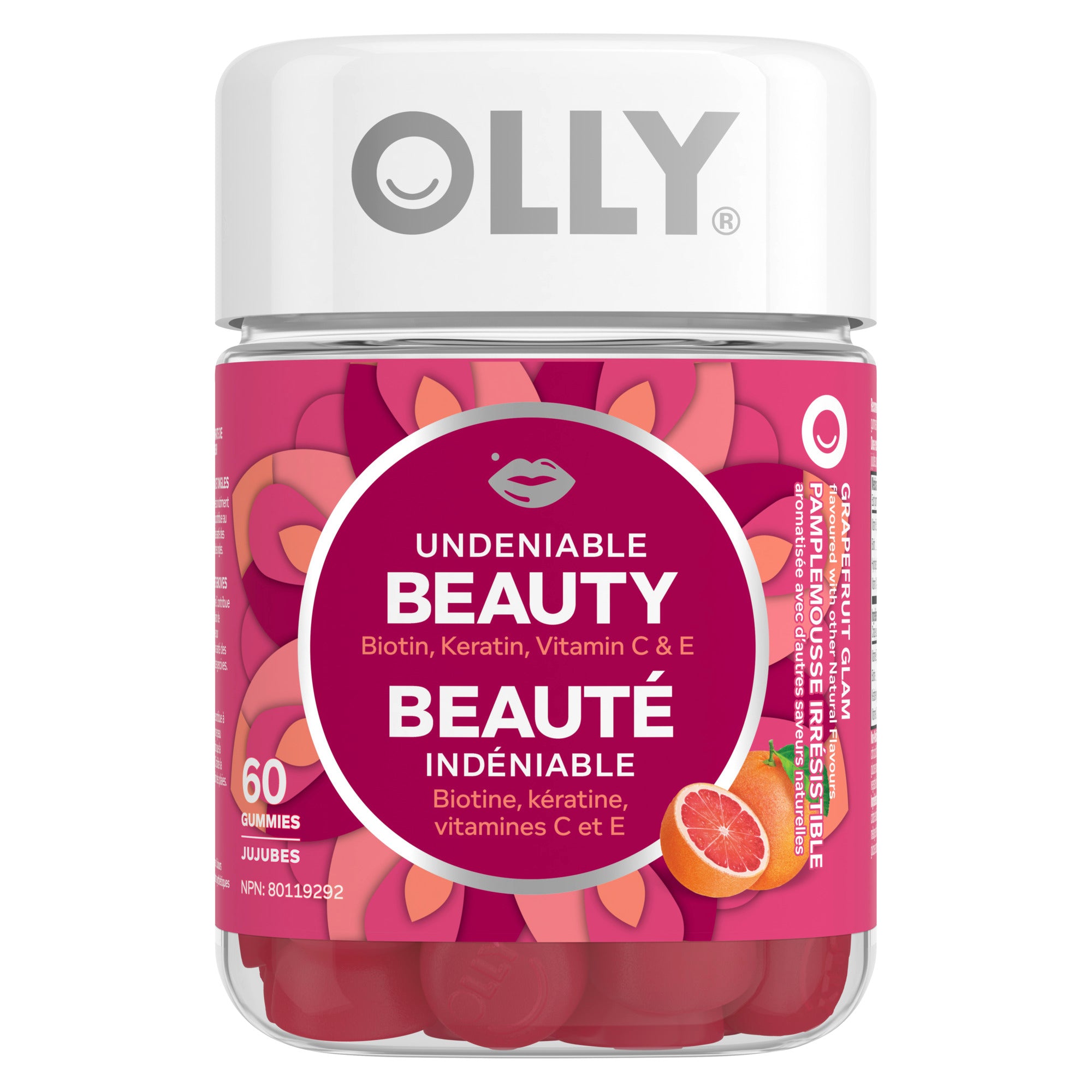 An image showing the frontside view of the OLLY Undeniable Beauty Gummy Supplement product packaging.