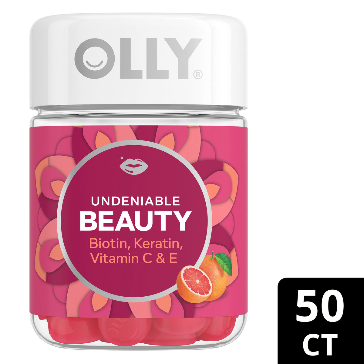 An image showing the mobile-friendly hero image view of the OLLY Undeniable Beauty Gummy Supplement product packaging.