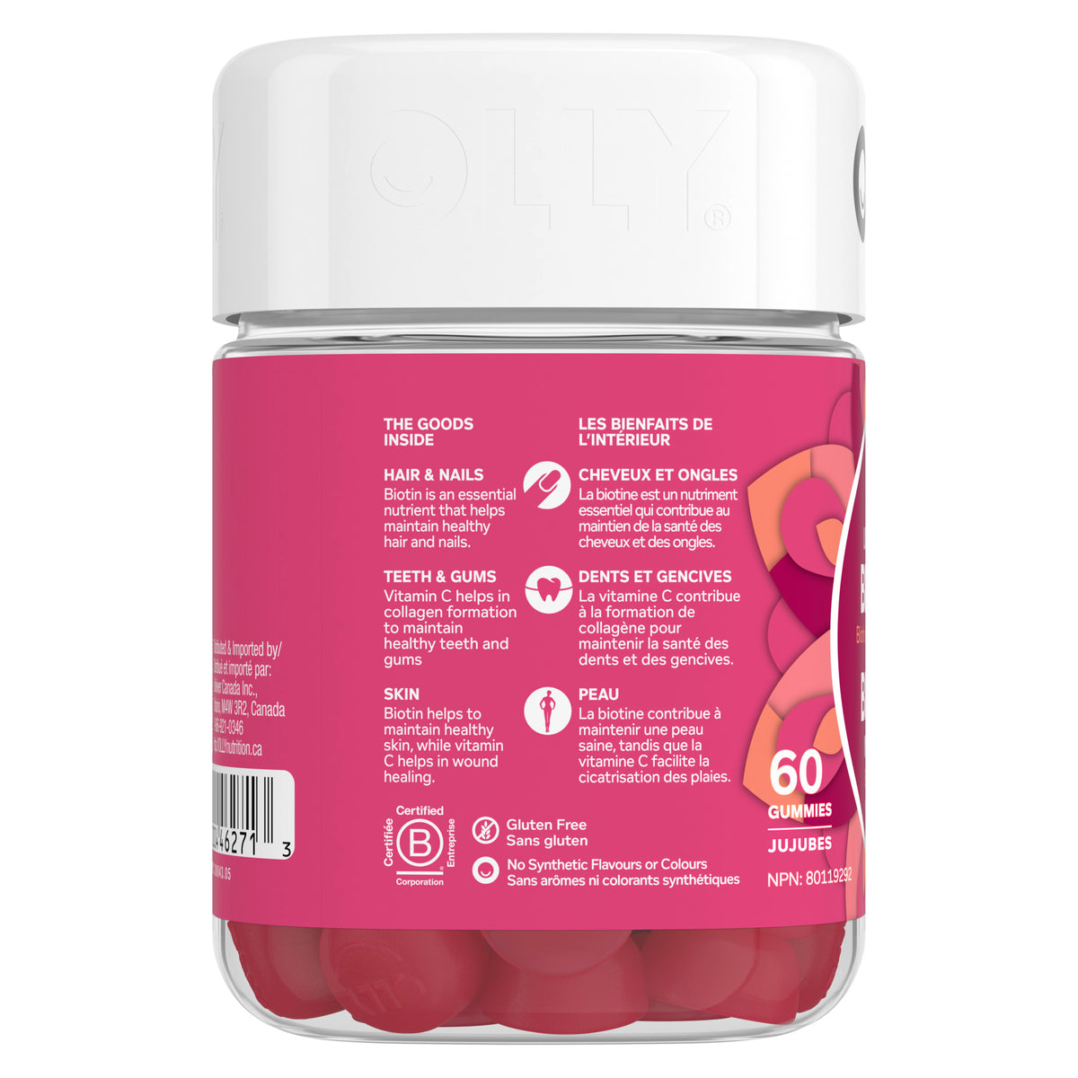 An image showing the left side view of the OLLY Undeniable Beauty Gummy Supplement product packaging.
