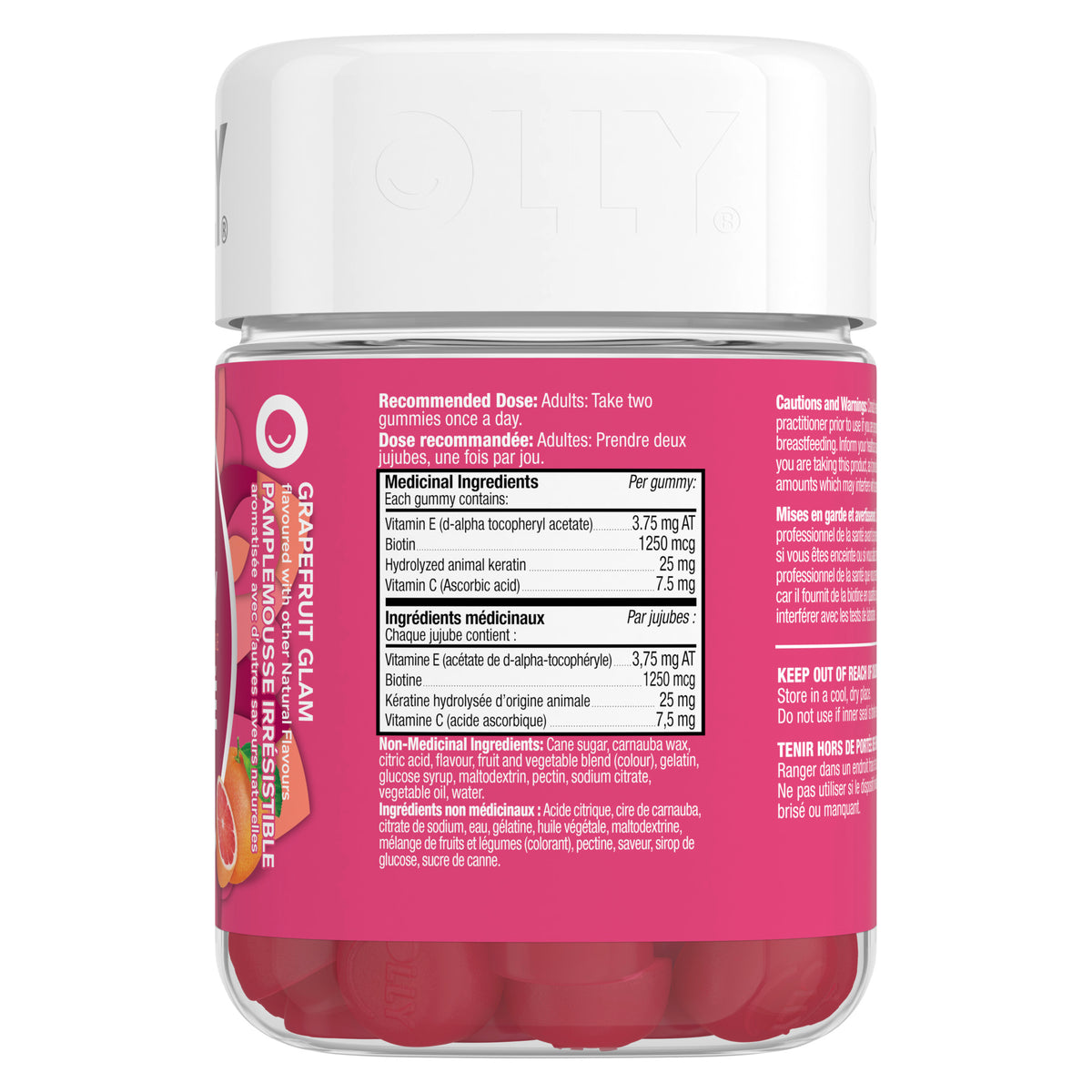 An image showing the right side view of the OLLY Undeniable Beauty Gummy Supplement product packaging.