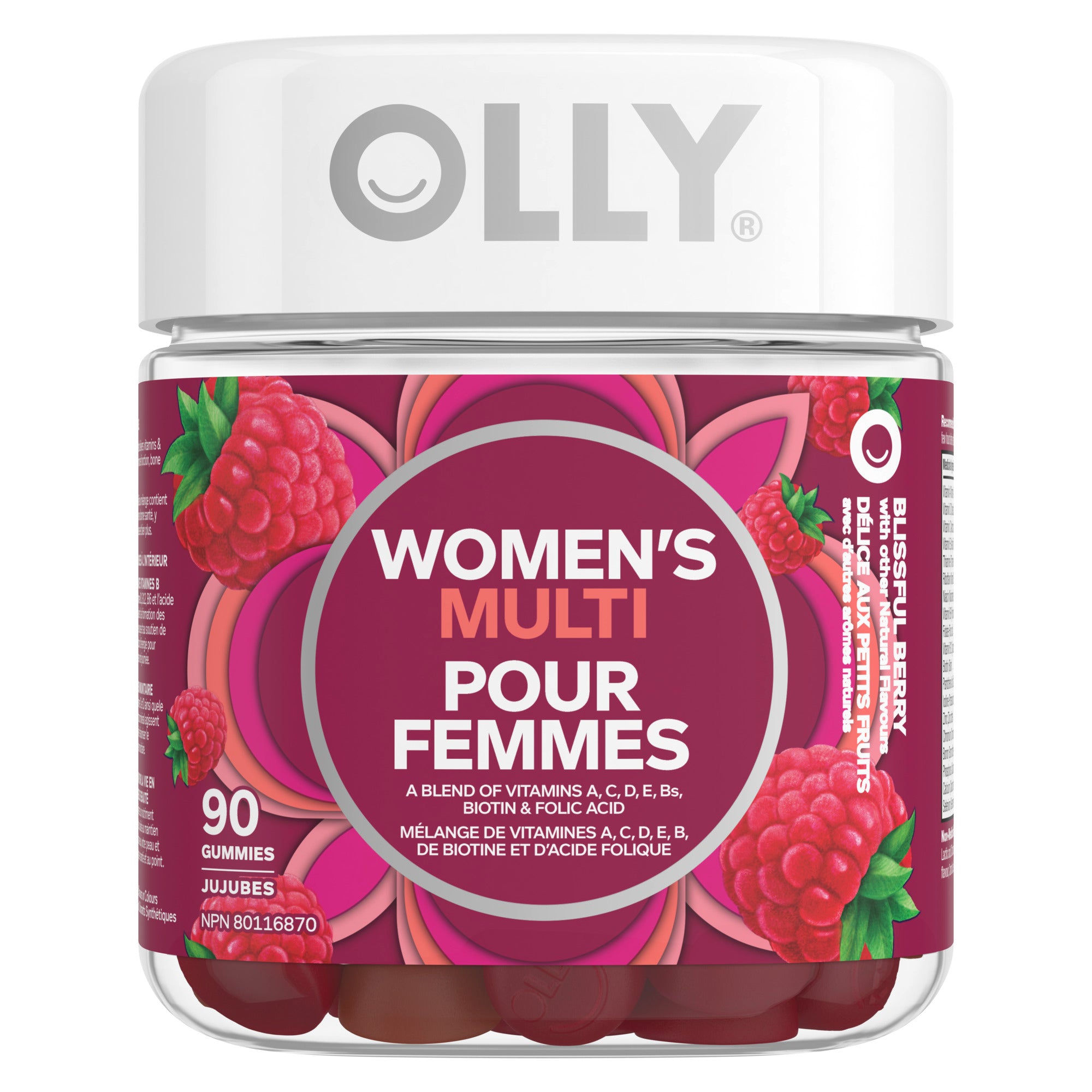 Front view of the OLLY Women's Multi packaging, containing 90 gummies.