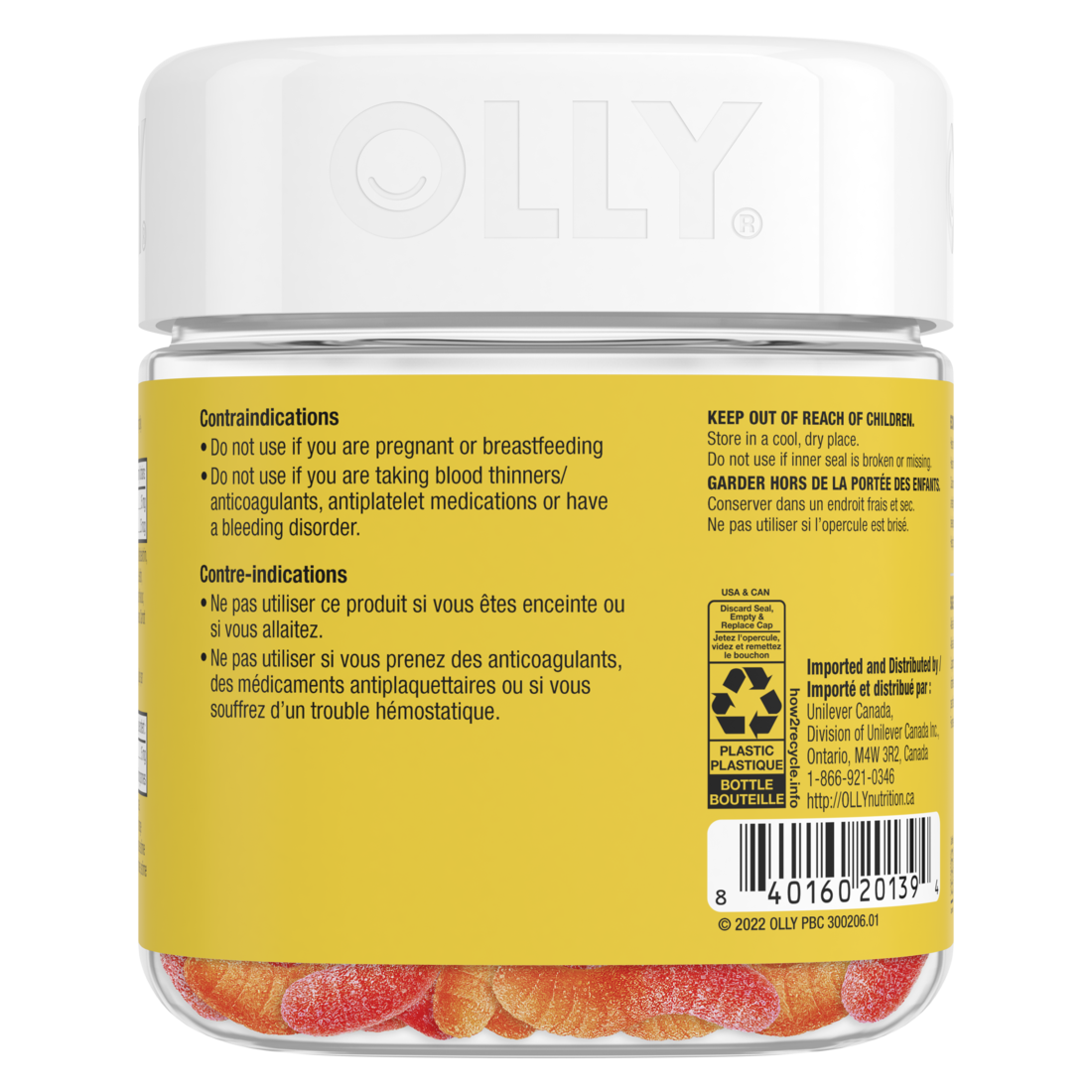 An image showing the backside view of the OLLY Hello Happy Gummy Worms product packaging.