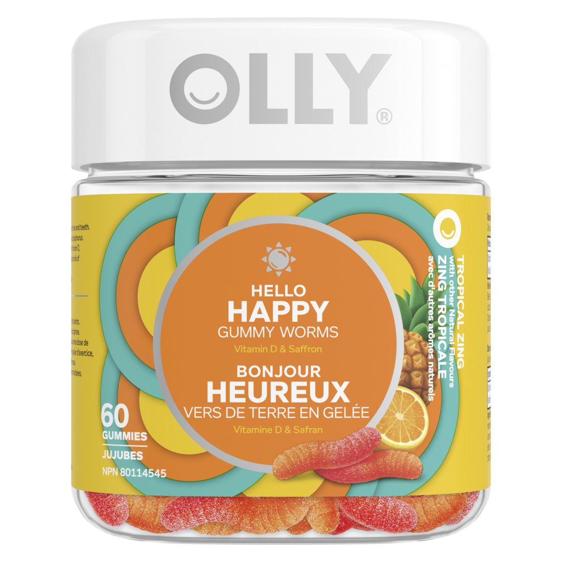 An image showing the frontside view of the OLLY Hello Happy Gummy Worms product packaging.