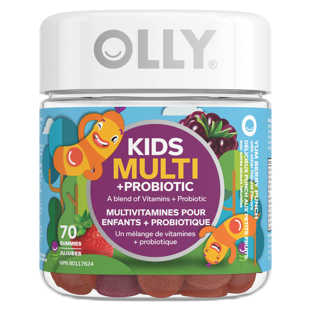 An image showing the frontside view of the OLLY Kids Multi +Probiotic Gummy Supplement product packaging.