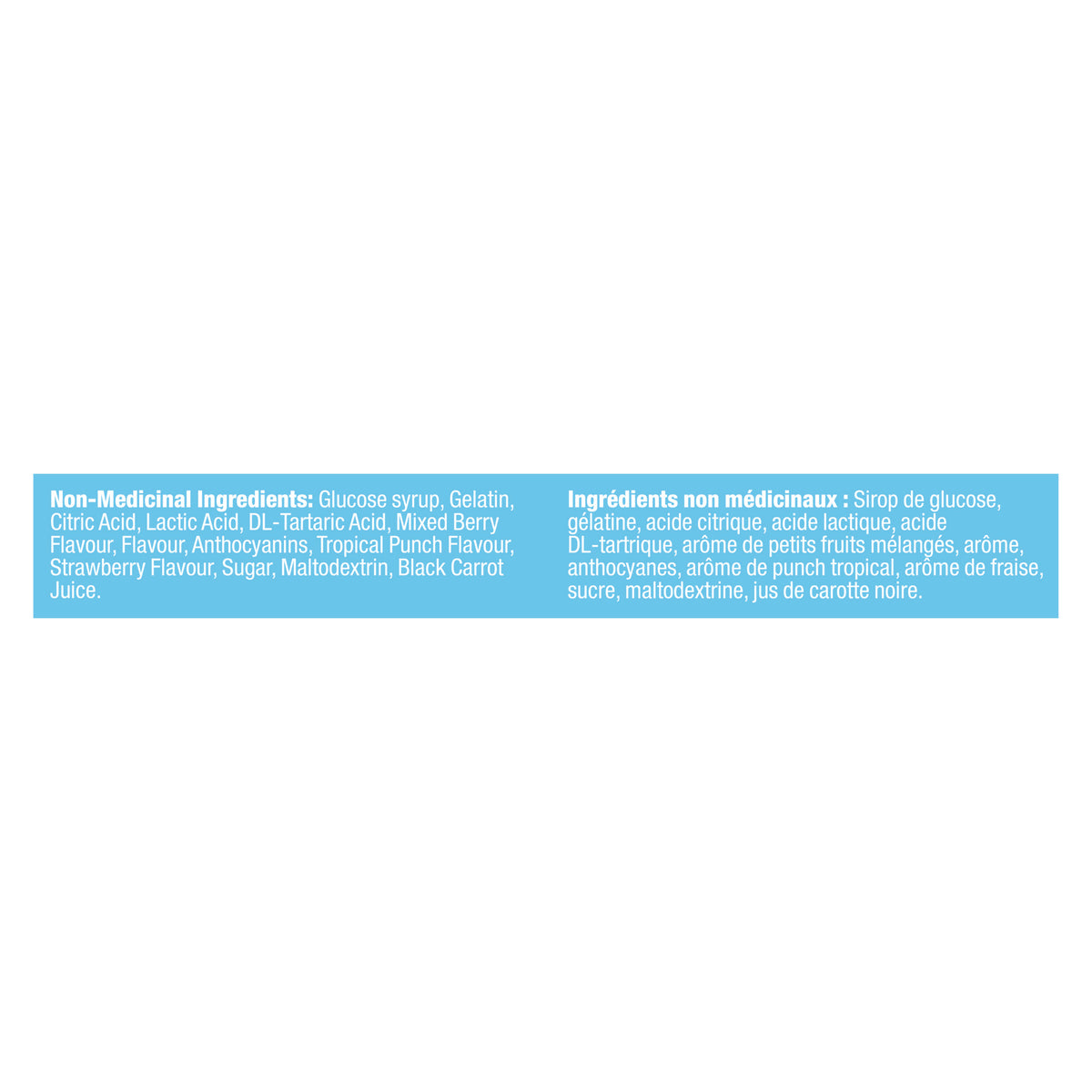 An image showing the ingredient label as it appears on the OLLY Kids Multi +Probiotic Gummy Supplement product packaging.