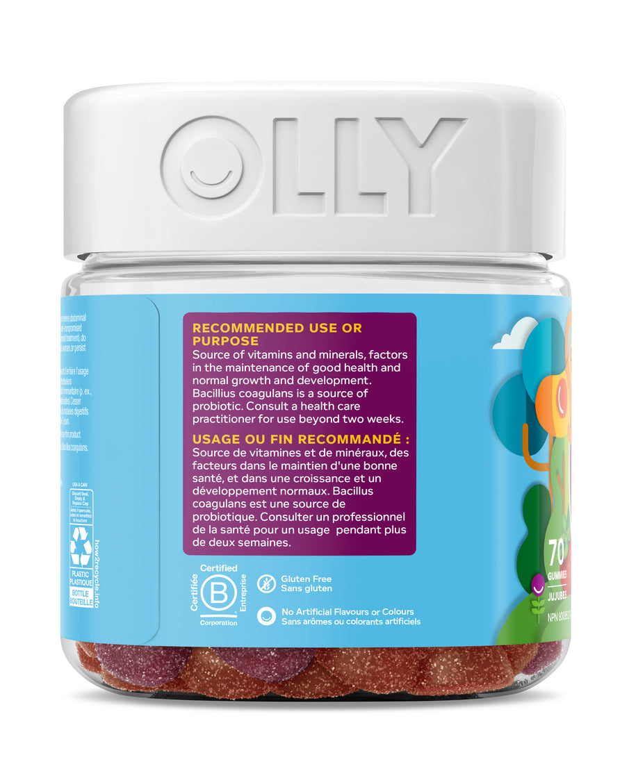 An image showing the right side view of the OLLY Kids Multi +Probiotic Gummy Supplement product packaging.