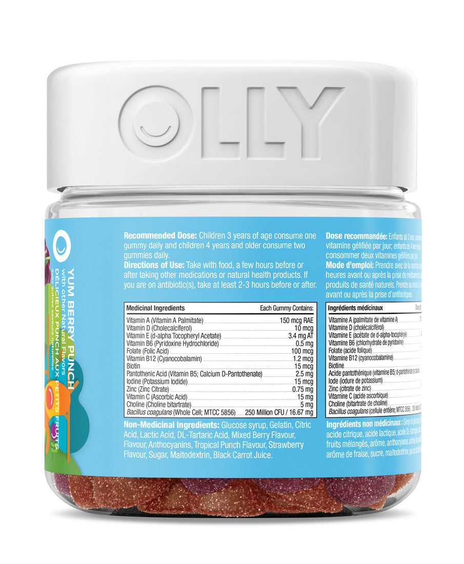 An image showing the frontside view of the OLLY Kids Multi +Probiotic Gummy Supplement product packaging.