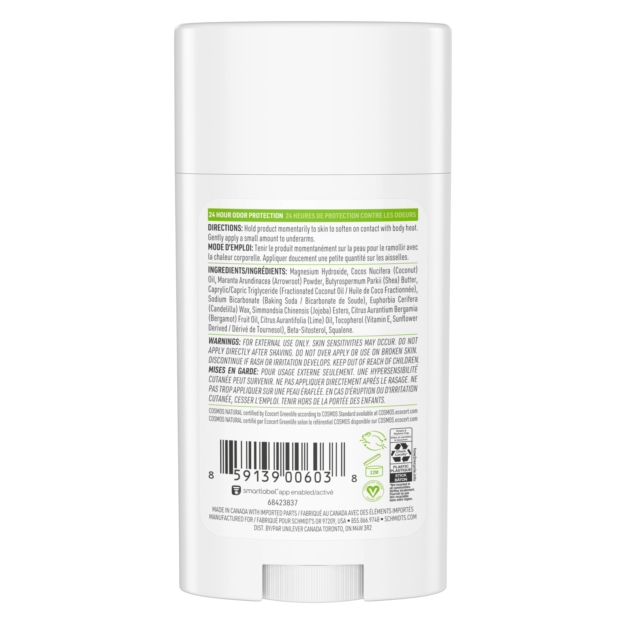 Front view of the lime green and white Schmidt's Bergamot and Lime Natural Deodorant 75g.