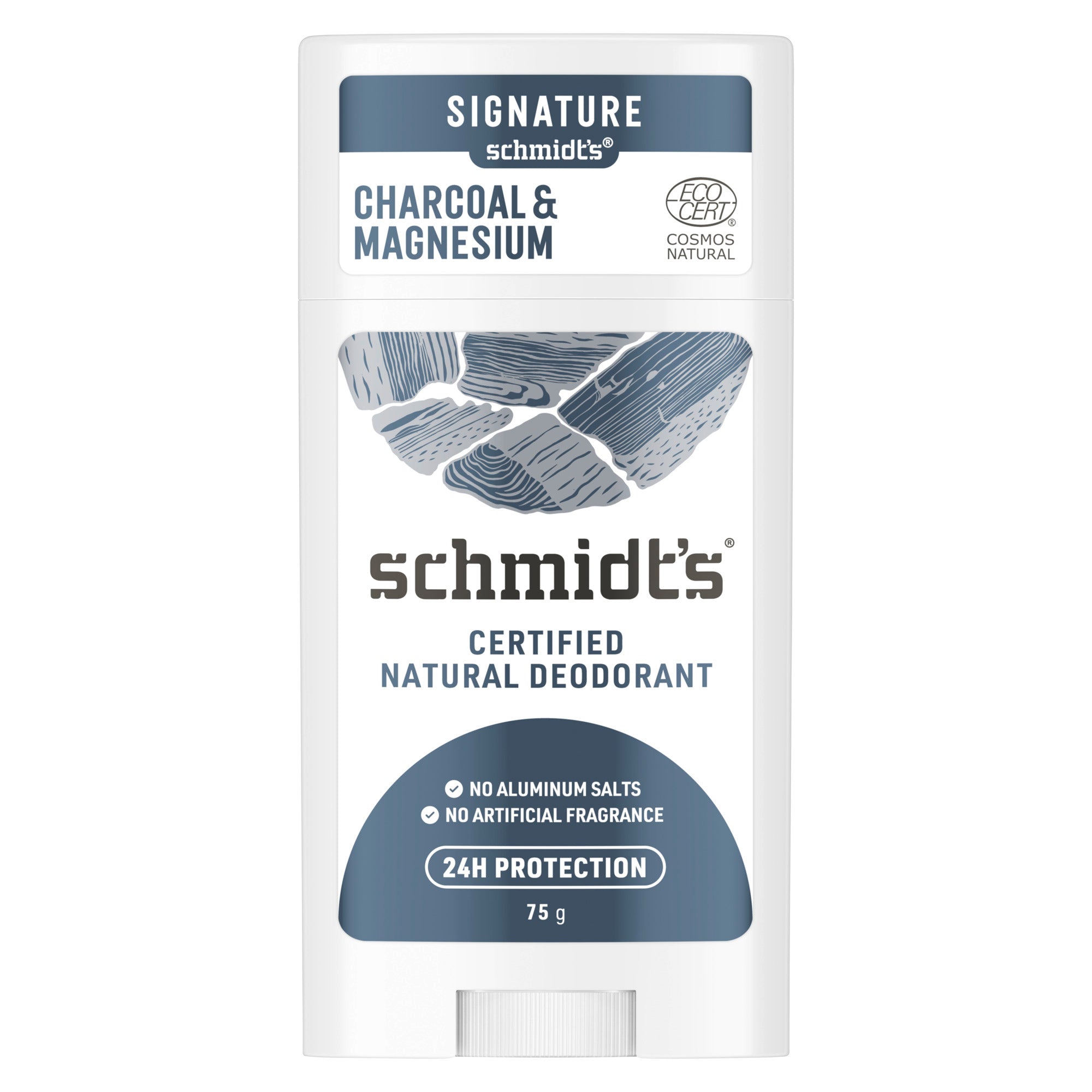 Showing the front angle view of the Schmidt's Charcoal & Magnesium Natural Deodorant 75g white and blue/grey packaging.