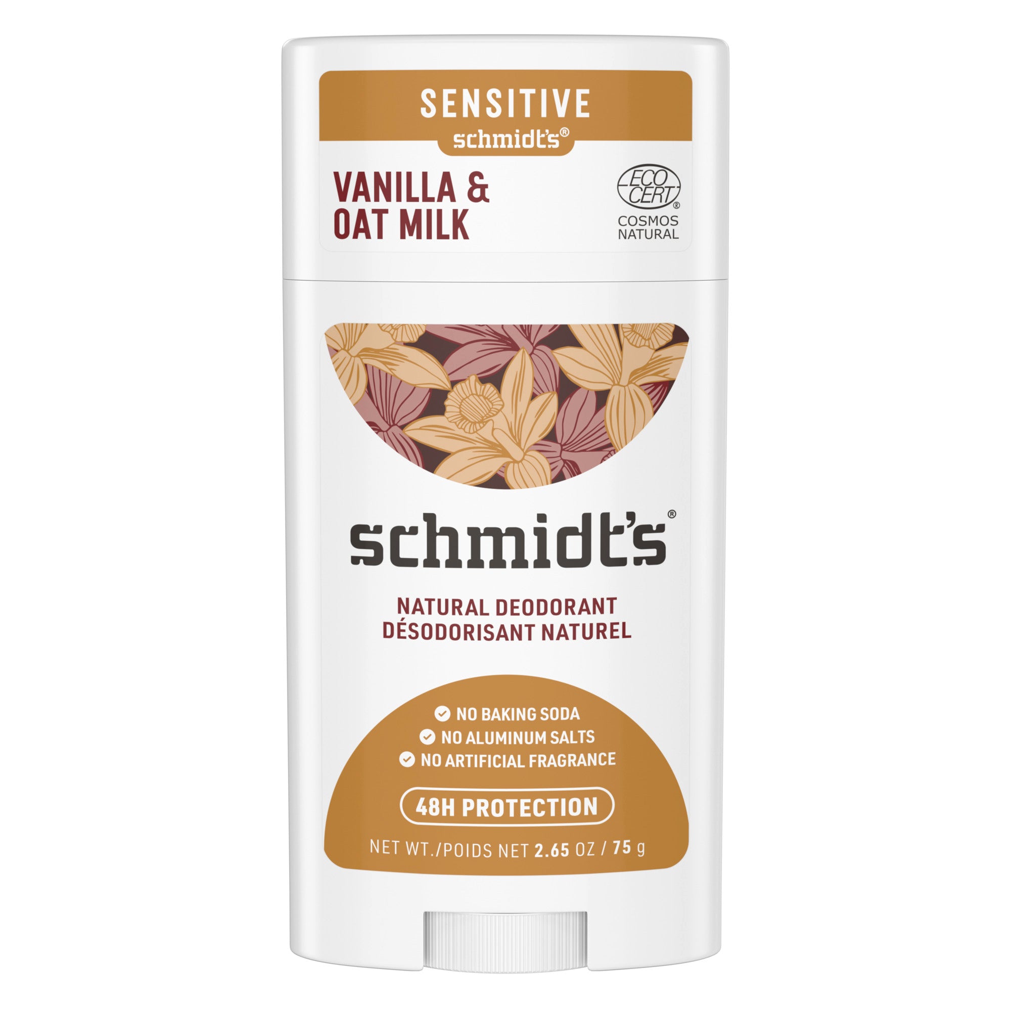 Showing the front angle view of the Schmidt's Oat Milk & Vanilla 48h Natural Deodorant 75g product.
