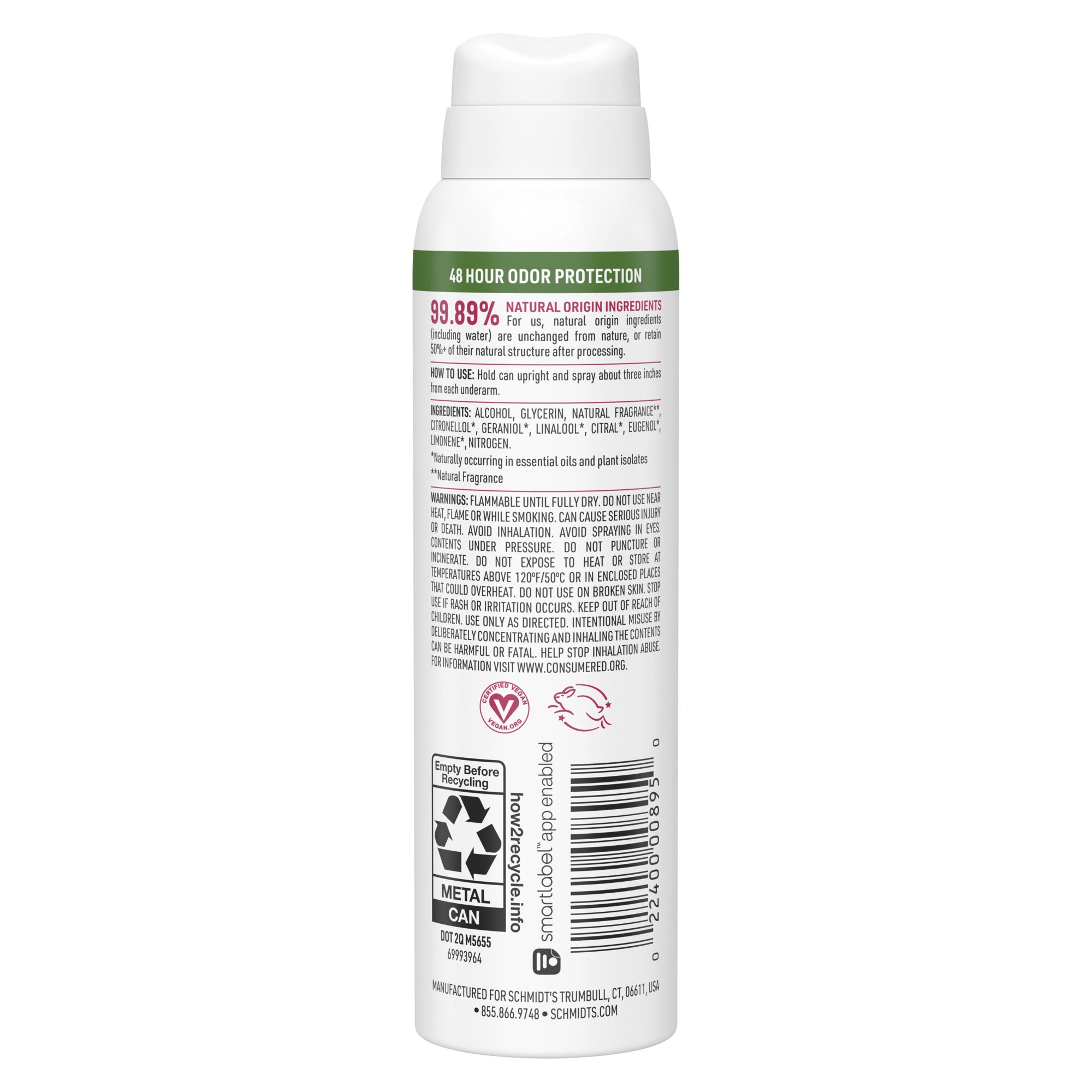 An image showing the frontside view of the Schmidt's Rose & Vanilla Natural Deodorant Spray product packaging.