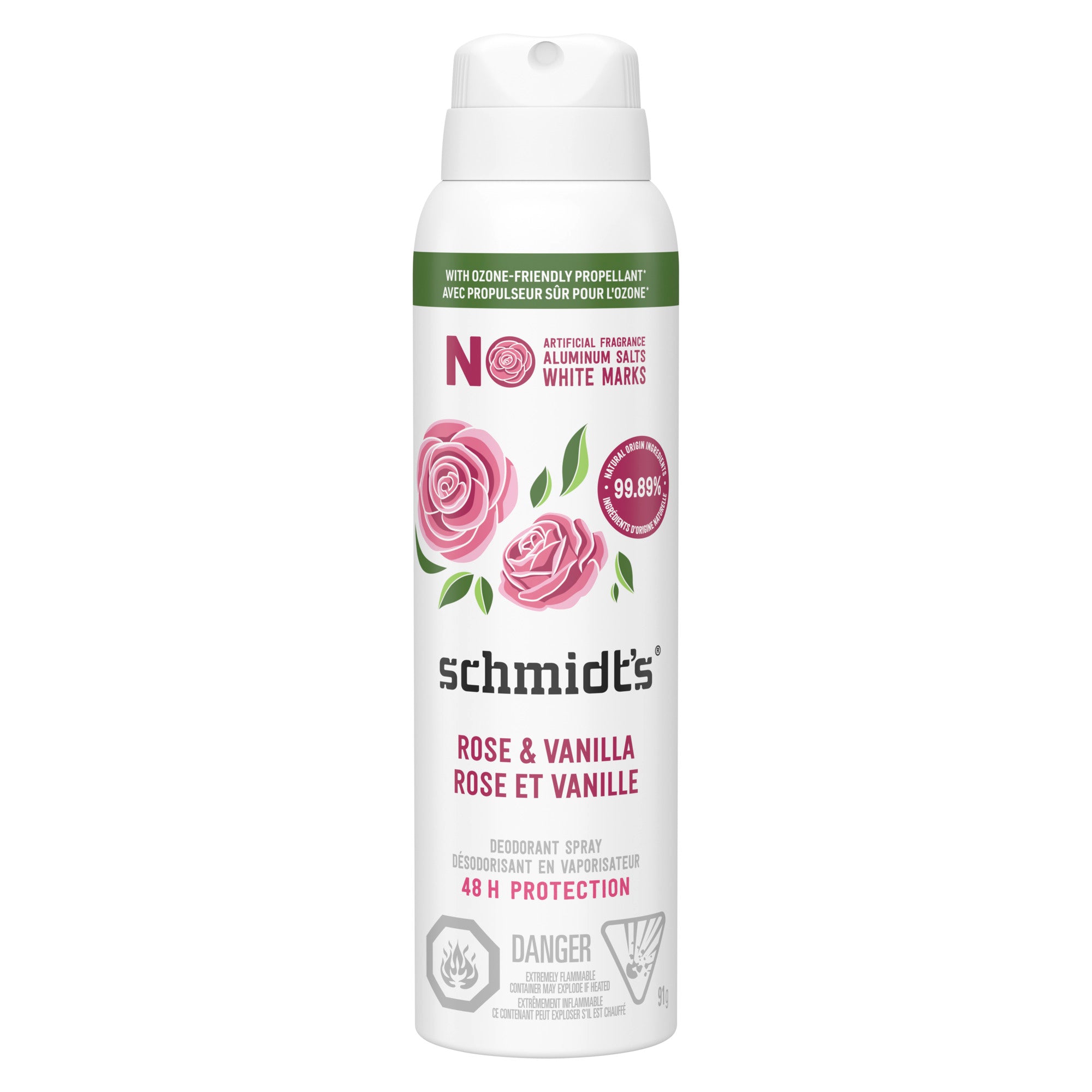 An image showing the frontside view of the Schmidt's Rose & Vanilla Natural Deodorant Spray product packaging.