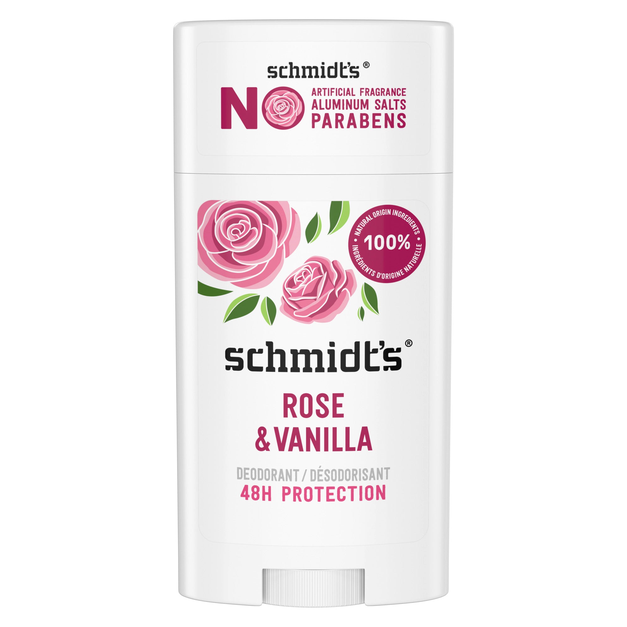 Showing the front angle view of the Schmidt's Rose and Vanilla Natural Deodorant 75g pink and white packaging.