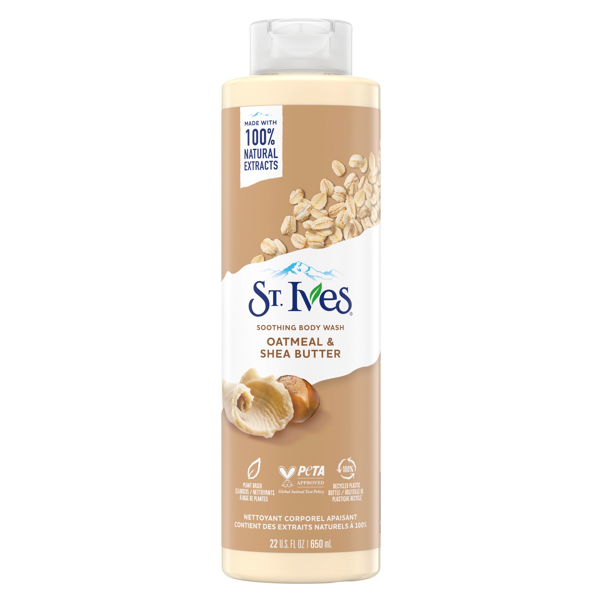 An image showing the front of the beige St.Ives Soothing Oatmeal & Shea Butter Body Wash 650ml product packaging.