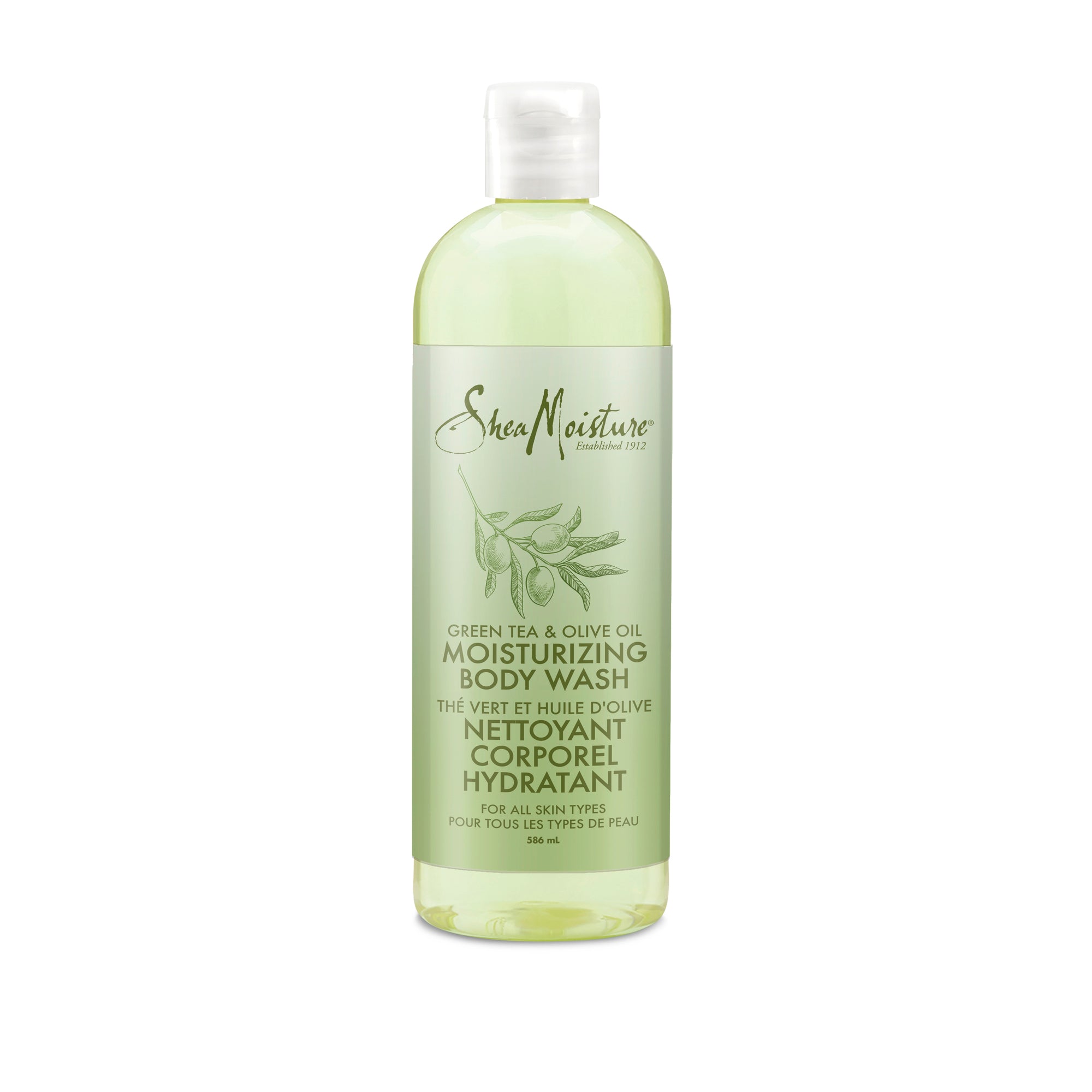 Showing the front angle view of the SheaMoisture Olive & Green Tea Moisturizing Body Wash 586ml product.