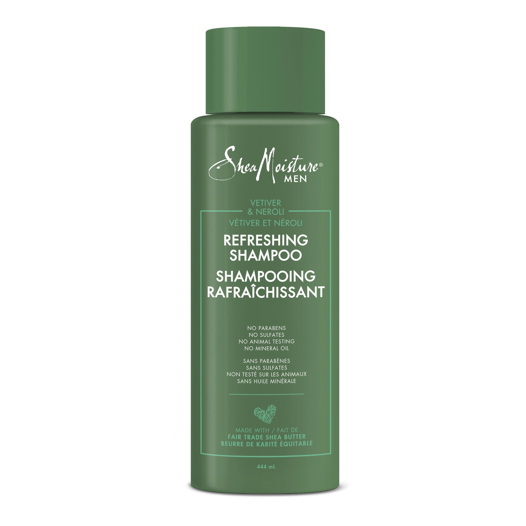 Showing the front angle view of the SheaMoisture Men Refreshing Vetiver & Neroli Shampoo 444mL product.