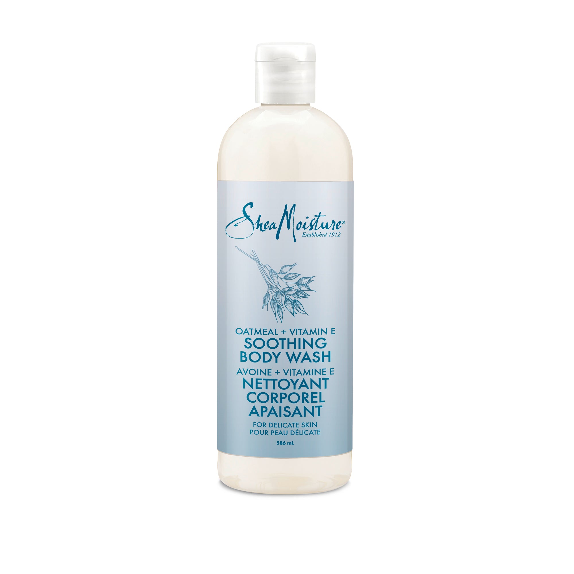 Showing the front angle view of the SheaMoisture Oatmeal & Vitamin E Soothing Body Wash 586mL product.