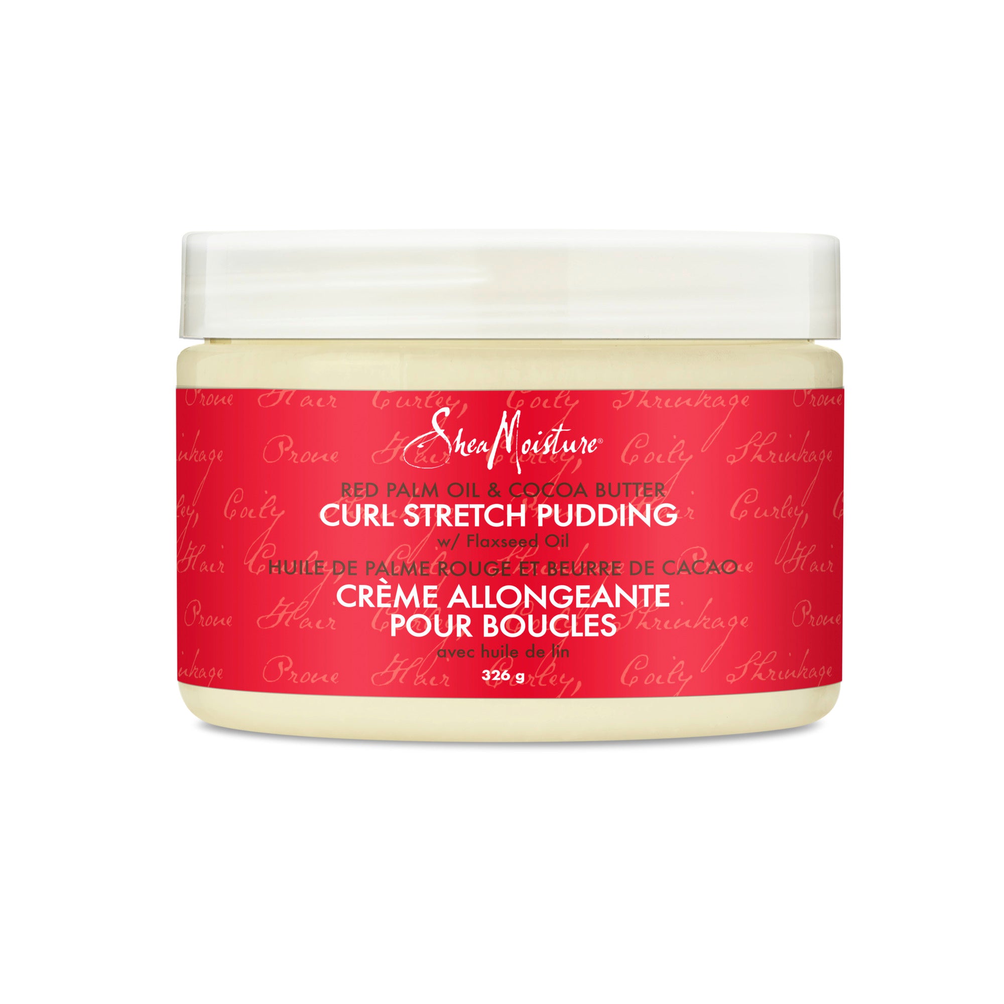 Showing the front angle view of the SheaMoisture Red Palm Oil & Cocoa Butter Curl Stretch Pudding 326g product.
