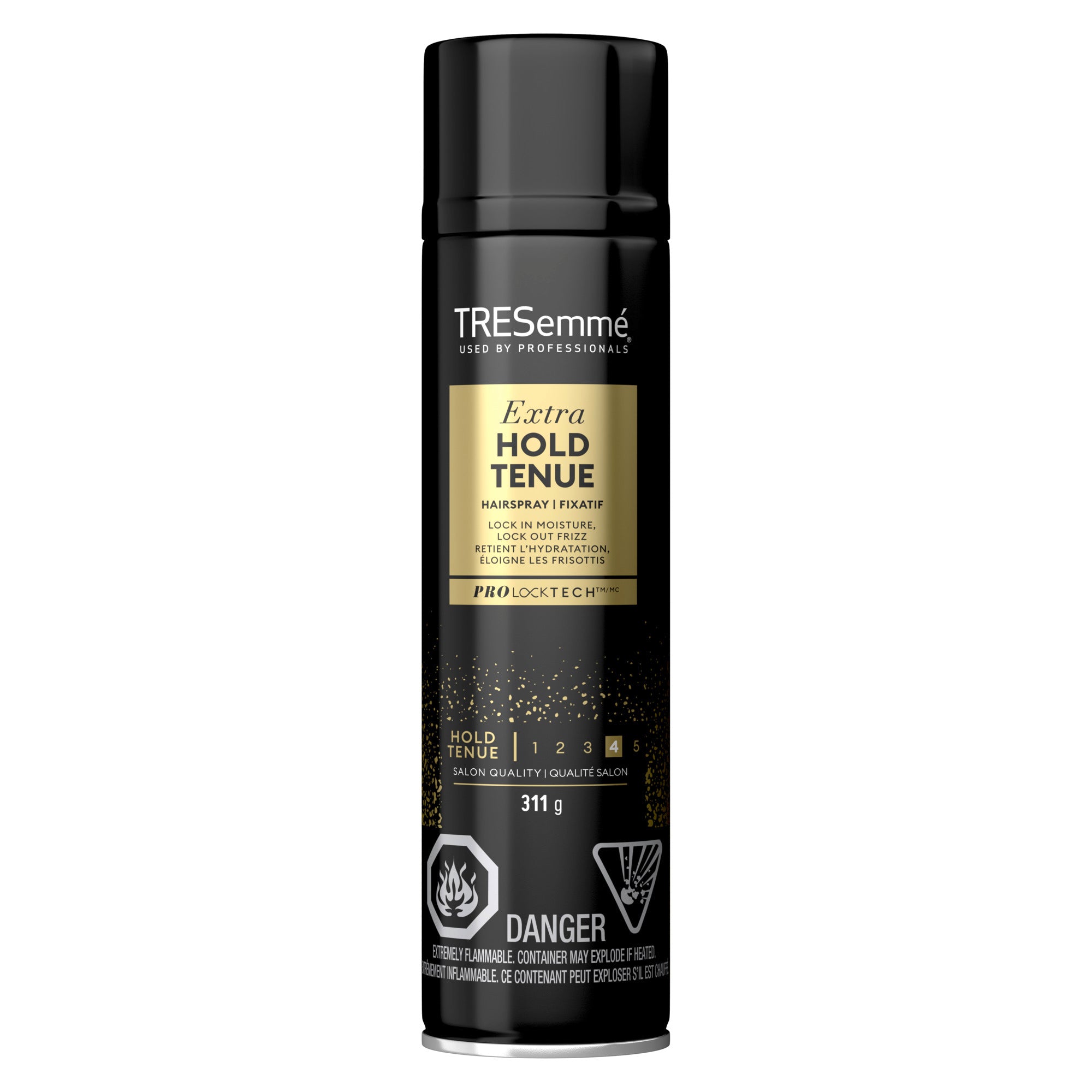 An image showing the frontside view of the TRESemmé Extra Hold Hairspray product packaging.