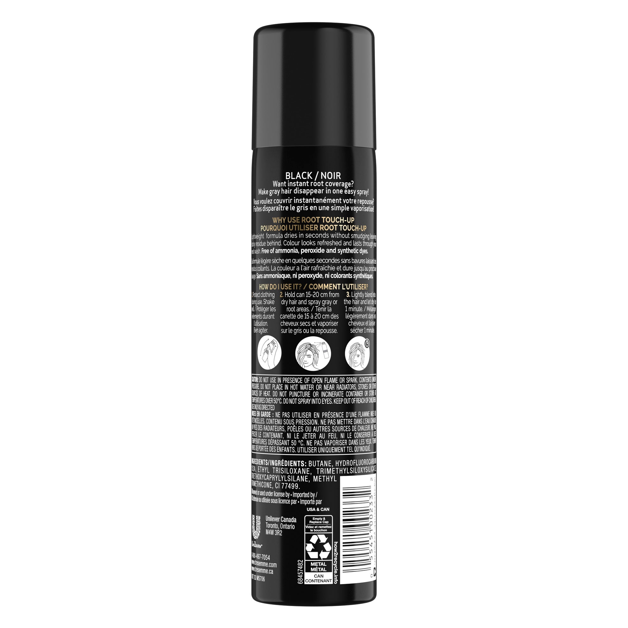 An image showing the frontside view of the TRESemmé® Root Touch-Up Spray 70.8g, Black product packaging.