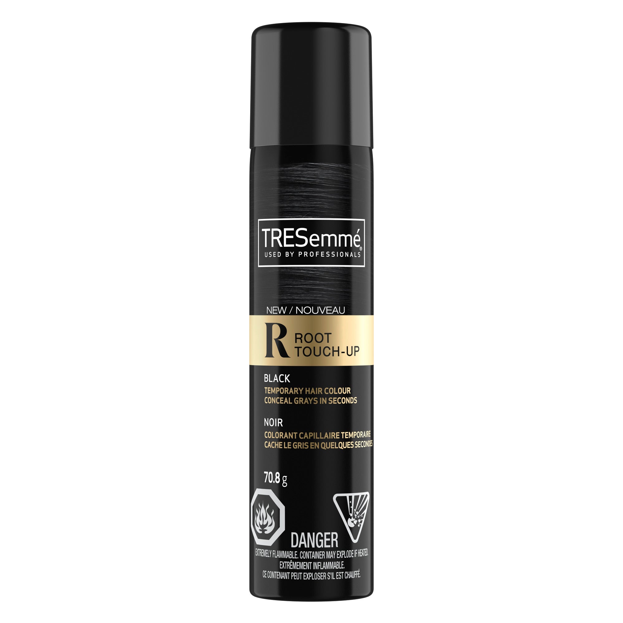 An image showing the frontside view of the TRESemmé® Root Touch-Up Spray 70.8g, Black product packaging.