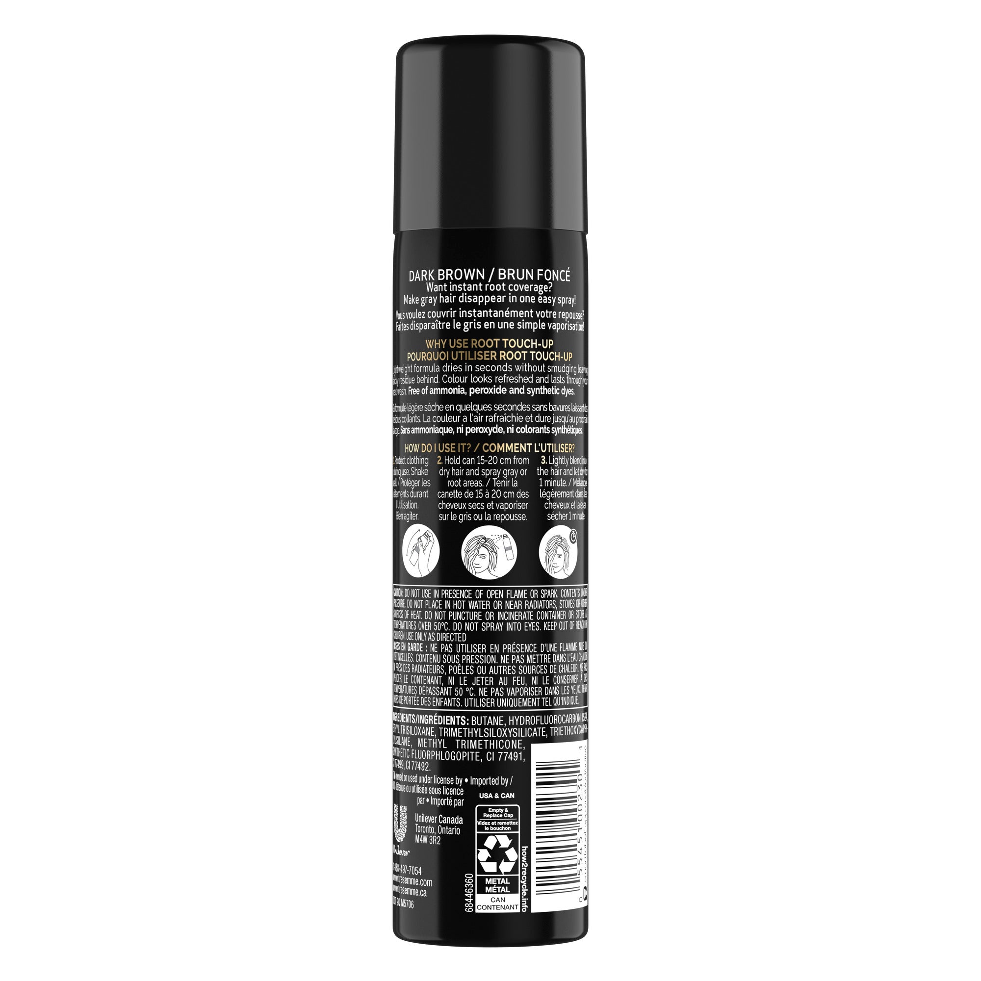 An image showing the frontside view of the TRESemmé® Root Touch-Up Spray 70.8g, Dark Brown product packaging.