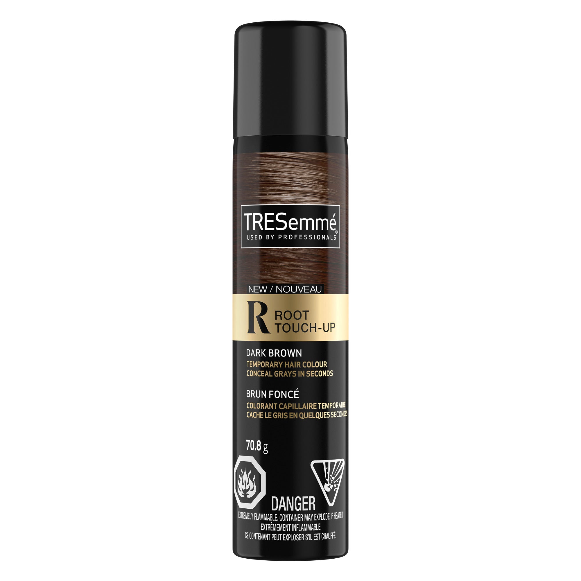 An image showing the frontside view of the TRESemmé® Root Touch-Up Spray 70.8g, Dark Brown product packaging.